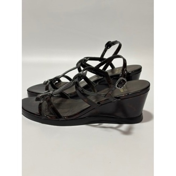 Stuart Weitzman Brown Tortoise Patent Leather‎ Wedge Sandals Women's 8M Strappy - Picture 4 of 9